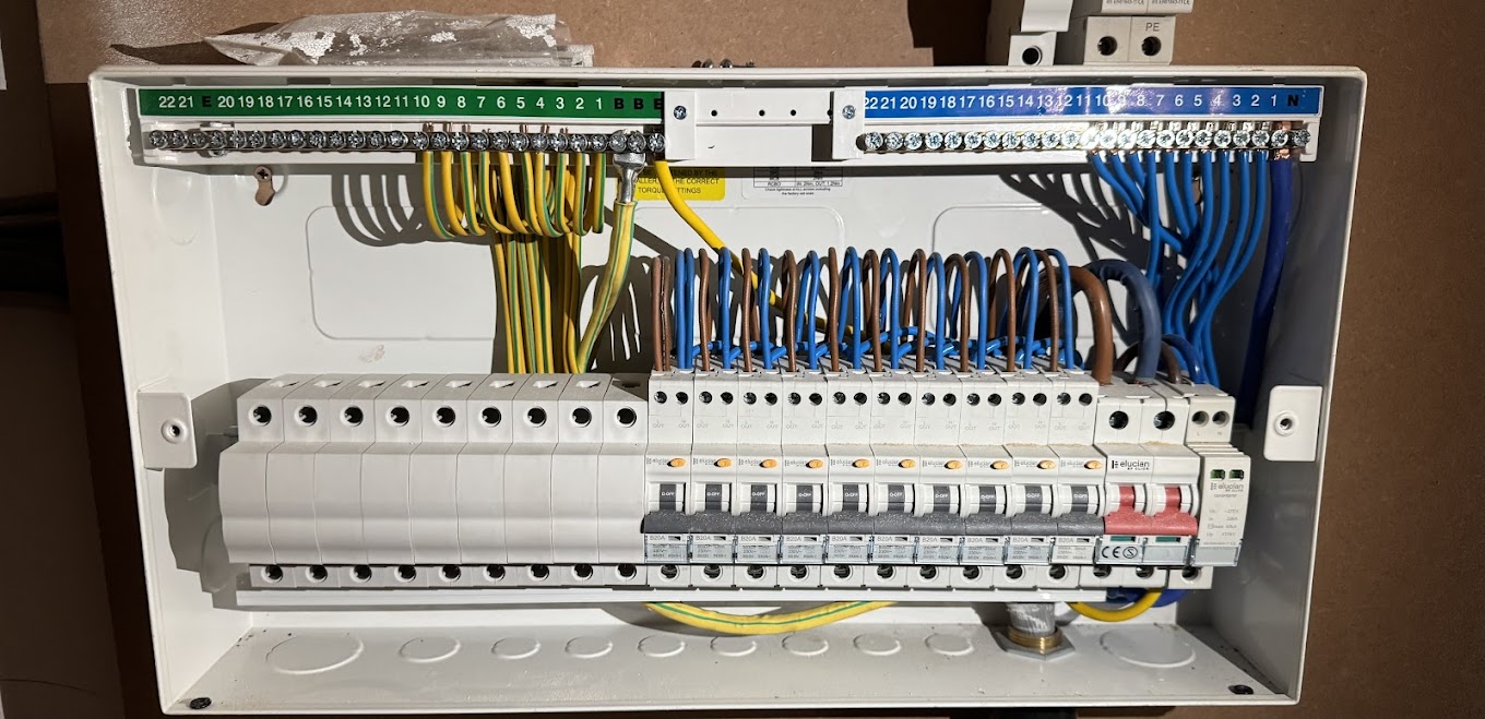 Modern consumer unit installed and labelled